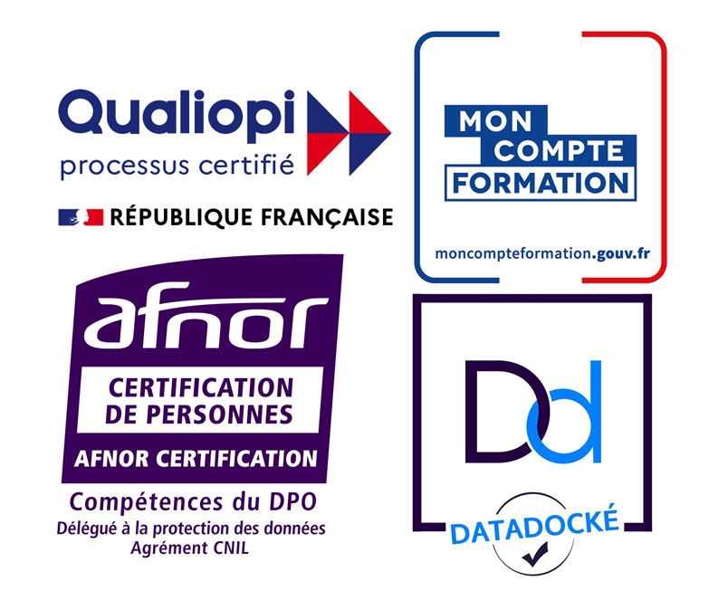 logo Qualiopi ; MonCompteFormation ; Datadock ; Afnor Logo certifications
